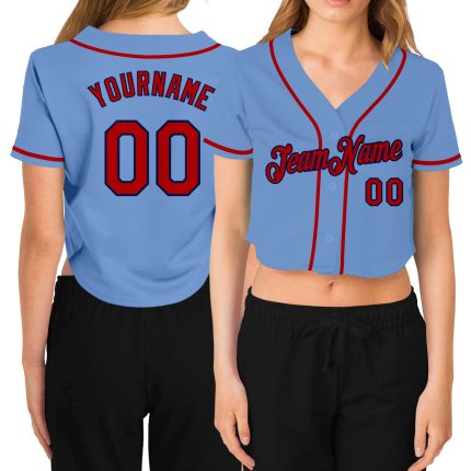 Custom Womens V-Neck Baseball Jersey Light Blue Red-Navy Cropped Design Custom Women's Light Blue Red-Navy V-Neck Cropped