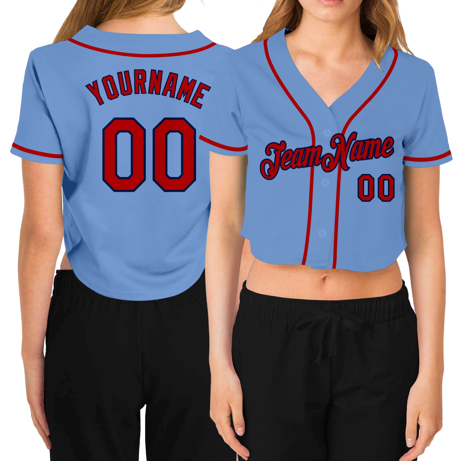 Custom Women's Light Blue Red-Navy V-Neck Cropped Baseball Jersey Custom Womens V-Neck Baseball Jersey Light Blue Red-Navy Cropped Design Custom Women's Light Blue Red-Navy V-Neck Cropped