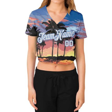 Custom Womens 3D V-Neck Cropped Baseball Jersey Light Blue Hawaii Palm Trees Custom Women's Light Blue White-Light Blue Hawaii