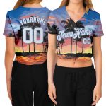 Custom Womens 3D V-Neck Cropped Baseball Jersey Light Blue Hawaii Palm Trees Custom Women's Light Blue White-Light Blue Hawaii
