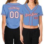 Light Blue White-Red V-Neck Cropped Baseball Jersey for Custom Women Custom Women's Light Blue White-Red V-Neck Cropped Baseball