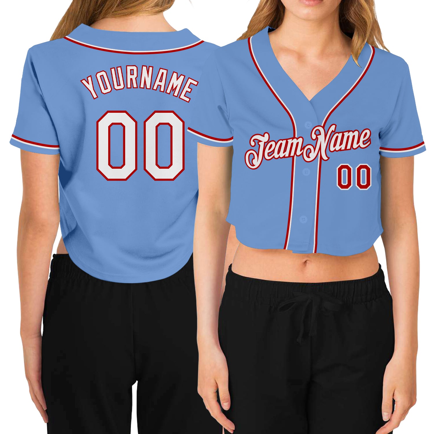 Light Blue White-Red V-Neck Cropped Baseball Jersey for Custom Women Custom Women's Light Blue White-Red V-Neck Cropped Baseball