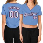Light Blue Red White Womens V-Neck Cropped Baseball Jersey Custom Design Custom Women's Light Blue White Royal-Red V-Neck