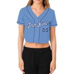 Custom Womens Light Blue White-Royal V-Neck Cropped Baseball Jersey for Casual Style Custom Women's Light Blue White-Royal