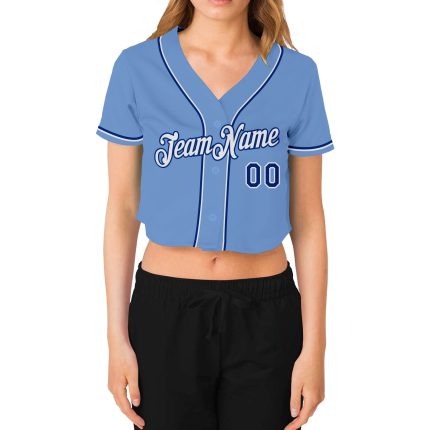 Custom Womens Light Blue White-Royal V-Neck Cropped Baseball Jersey for Casual Style Custom Women's Light Blue White-Royal