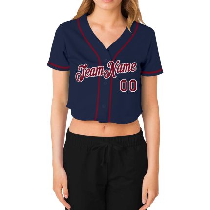 Custom Womens Navy Crimson-White V-Neck Cropped Jersey for Baseball Custom Women's Navy Crimson-White V-Neck Cropped Baseball