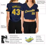 Custom Womens V-Neck Baseball Jersey in Navy Gold and White, Cropped Design Custom Women's Navy Gold-White V-Neck Cropped