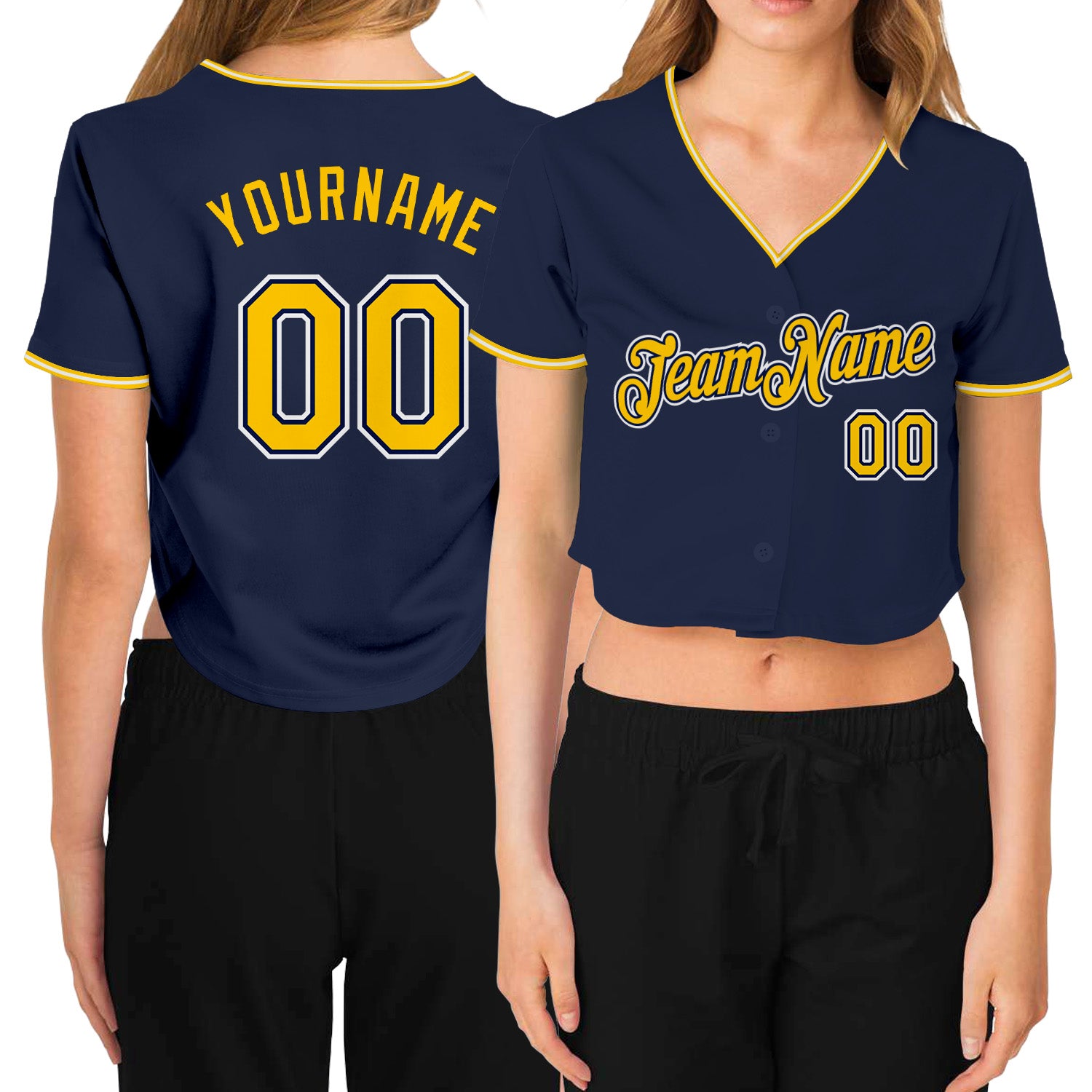 Custom Womens V-Neck Baseball Jersey in Navy Gold and White, Cropped Design Custom Women's Navy Gold-White V-Neck Cropped