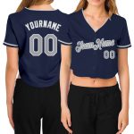Womens Navy Gray White V-Neck Cropped Baseball Jersey Custom Design Custom Women's Navy Gray-White V-Neck Cropped Baseball