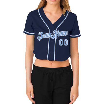 Custom Womens Navy Blue White Cropped V-Neck Baseball Jersey Custom Women's Navy Light Blue-White V-Neck Cropped Baseball