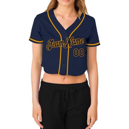 Custom Womens Navy Gold V-Neck Cropped Jersey for Baseball Fans Custom Women's Navy Navy-Gold V-Neck Cropped Baseball Jersey