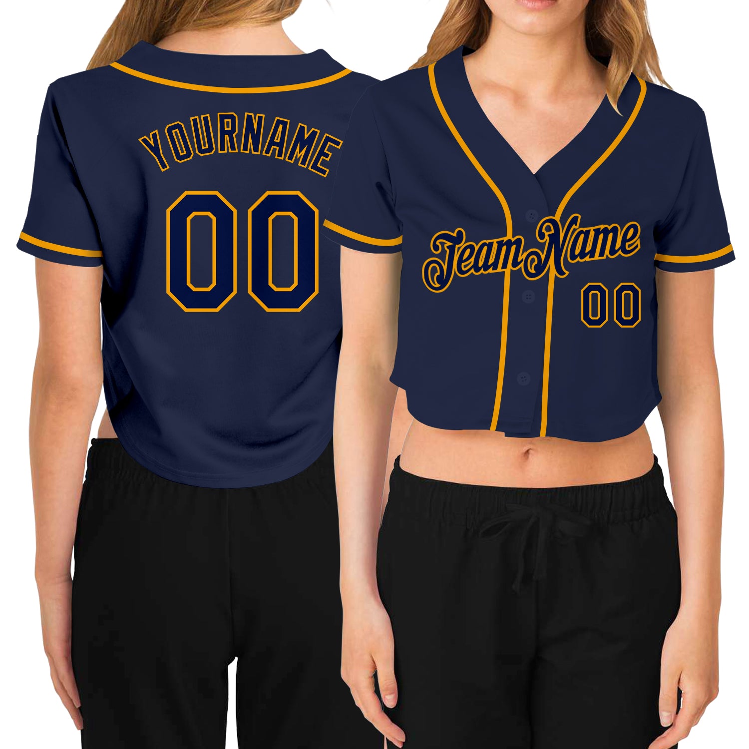 Custom Womens Navy Gold V-Neck Cropped Jersey for Baseball Fans Custom Women's Navy Navy-Gold V-Neck Cropped Baseball Jersey