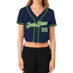 Custom Womens V-Neck Cropped Baseball Jersey in Navy Neon Green and White Custom Women's Navy Neon Green-White V-Neck Cropped