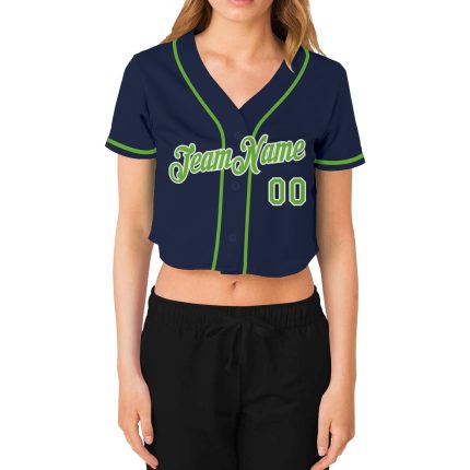 Custom Womens V-Neck Cropped Baseball Jersey in Navy Neon Green and White Custom Women's Navy Neon Green-White V-Neck Cropped