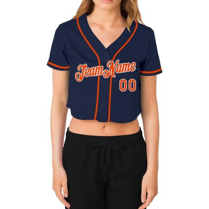 Custom Womens V-Neck Baseball Jersey - Navy Orange-White Cropped Style Custom Women's Navy Orange-White V-Neck Cropped Baseball