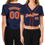 Custom Womens V-Neck Baseball Jersey - Navy Orange-White Cropped Style Custom Women's Navy Orange-White V-Neck Cropped Baseball
