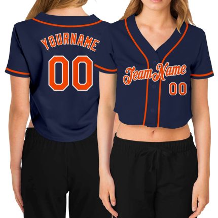 Custom Womens V-Neck Baseball Jersey - Navy Orange-White Cropped Style Custom Women's Navy Orange-White V-Neck Cropped Baseball