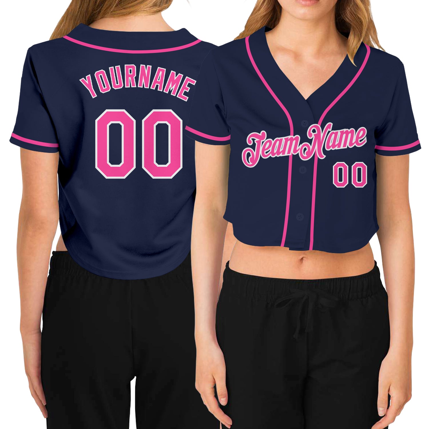 Custom Womens V-Neck Cropped Baseball Jersey in Navy Pink and White Custom Women's Navy Pink-White V-Neck Cropped Baseball