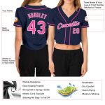 Custom Womens V-Neck Cropped Baseball Jersey in Navy Pink and White Custom Women's Navy Pink-White V-Neck Cropped Baseball