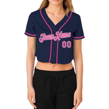 Custom Womens V-Neck Cropped Baseball Jersey in Navy Pink and White Custom Women's Navy Pink-White V-Neck Cropped Baseball