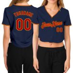 Custom Womens V-Neck Baseball Jersey in Navy Red-Gold, Cropped Design Custom Women's Navy Red-Gold V-Neck Cropped Baseball