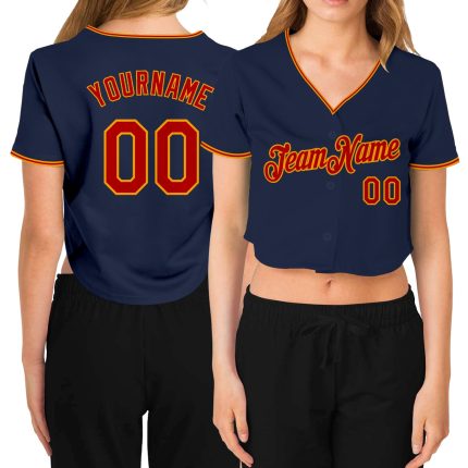 Custom Womens V-Neck Baseball Jersey in Navy Red-Gold, Cropped Design Custom Women's Navy Red-Gold V-Neck Cropped Baseball