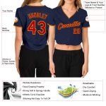 Custom Womens V-Neck Baseball Jersey in Navy Red-Gold, Cropped Design Custom Women's Navy Red-Gold V-Neck Cropped Baseball