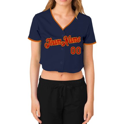 Custom Womens V-Neck Baseball Jersey in Navy Red-Gold, Cropped Design Custom Women's Navy Red-Gold V-Neck Cropped Baseball
