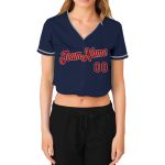 Custom Womens V-Neck Baseball Jersey - Navy Red-Gray Cropped Fit Custom Women's Navy Red-Gray V-Neck Cropped Baseball Jersey