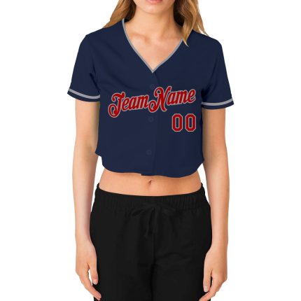 Custom Womens V-Neck Baseball Jersey - Navy Red-Gray Cropped Fit Custom Women's Navy Red-Gray V-Neck Cropped Baseball Jersey