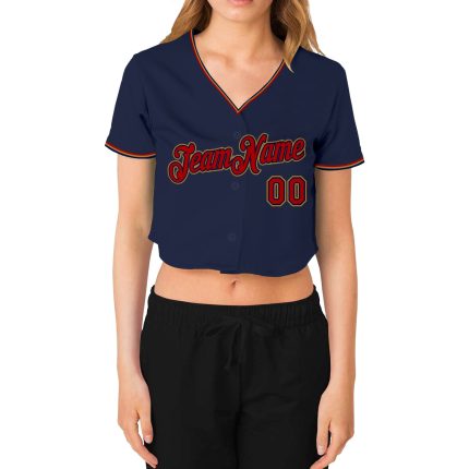 Custom Womens Navy Red Gold V-Neck Cropped Baseball Jersey Custom Women's Navy Red-Old Gold V-Neck Cropped Baseball Jersey