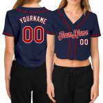 Custom V-Neck Baseball Jersey for Women - Navy Red-White Cropped Design Custom Women's Navy Red-White V-Neck Cropped Baseball
