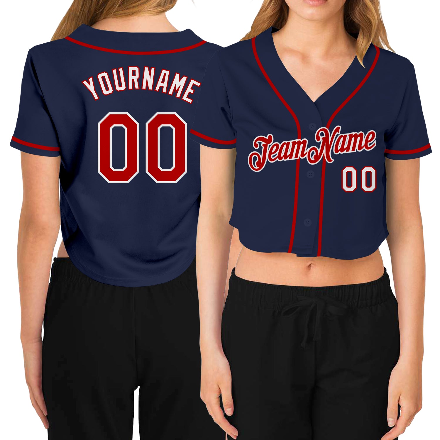 Custom Women's Navy Red-White V-Neck Cropped Baseball Jersey Custom V-Neck Baseball Jersey for Women - Navy Red-White Cropped Design Custom Women's Navy Red-White V-Neck Cropped Baseball