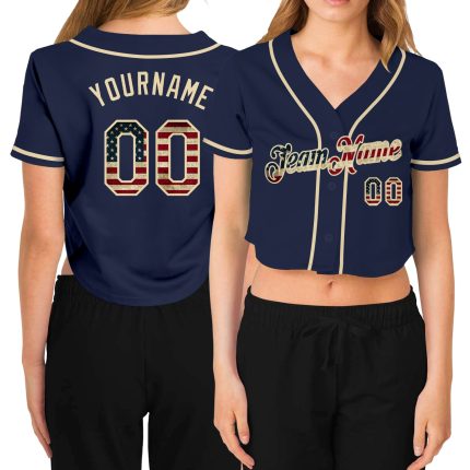 Custom Womens Navy Vintage USA Flag V-Neck Cropped Baseball Jersey Custom Women's Navy Vintage USA Flag-Cream V-Neck Cropped