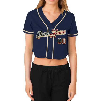 Custom Womens Navy Vintage USA Flag V-Neck Cropped Baseball Jersey Custom Women's Navy Vintage USA Flag-Cream V-Neck Cropped