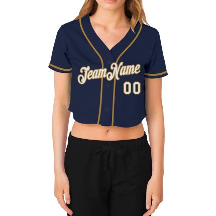 Custom Navy White Gold V-Neck Cropped Womens Baseball Jersey Custom Women's Navy White-Old Gold V-Neck Cropped Baseball Jersey