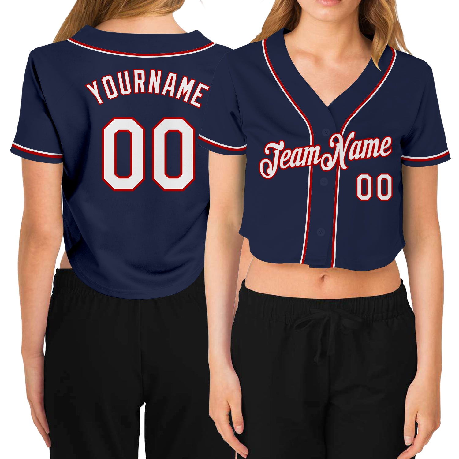 Custom navy, red and white women's cropped baseball jersey