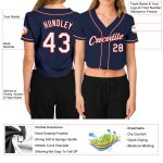 Custom navy, red and white women's cropped baseball jersey, detail of the printed panel