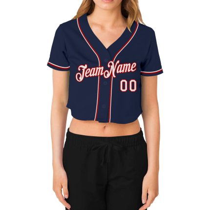 Custom navy, red and white women's cropped baseball jersey, back view