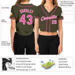 Custom Womens Salute To Service V-Neck Cropped Baseball Jersey in Olive Pink-White Custom Women's Olive Pink-White Salute