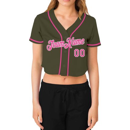 Custom Womens Salute To Service V-Neck Cropped Baseball Jersey in Olive Pink-White Custom Women's Olive Pink-White Salute