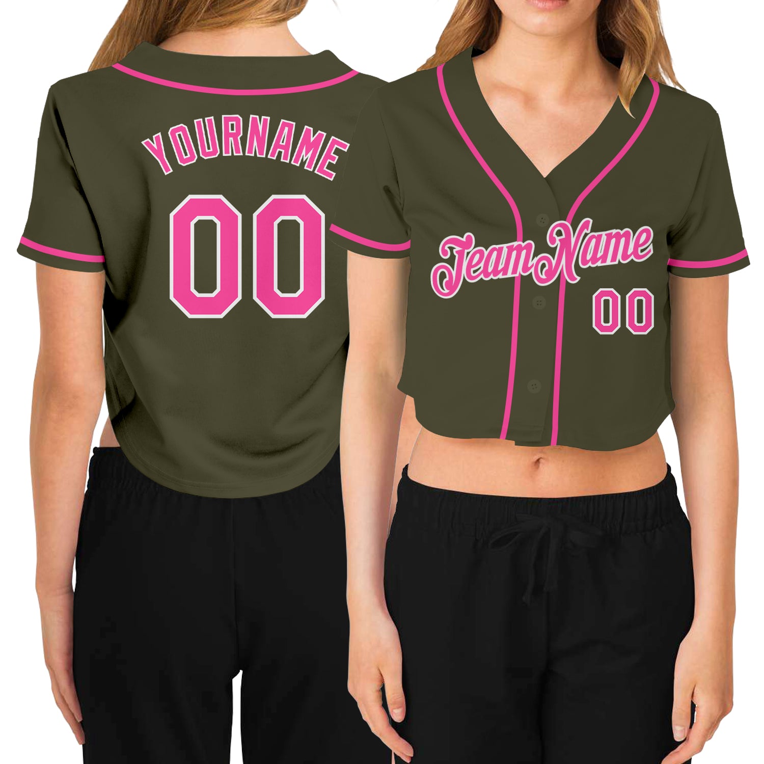 Custom Womens Salute To Service V-Neck Cropped Baseball Jersey in Olive Pink-White Custom Women's Olive Pink-White Salute