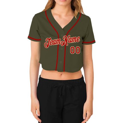 Custom Womens Olive Red Cream V-Neck Cropped Baseball Jersey - Salute To Service Custom Women's Olive Red-Cream Salute To