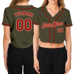 Custom Womens Olive Red Cream V-Neck Cropped Baseball Jersey - Salute To Service Custom Women's Olive Red-Cream Salute To