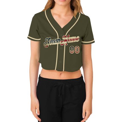 Custom Womens Olive Vintage USA Flag V-Neck Cropped Baseball Jersey - Salute To Service Edition Custom Women's Olive Vintage