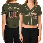 Custom Womens Olive Vintage USA Flag V-Neck Cropped Baseball Jersey - Salute To Service Edition Custom Women's Olive Vintage