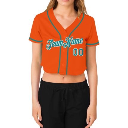 Custom Womens Orange Aqua V-Neck Cropped Baseball Jersey Custom Women's Orange Aqua-White V-Neck Cropped Baseball Jersey
