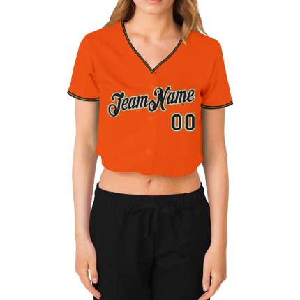 Custom Womens V-Neck Baseball Jersey - Orange Black Old Gold White Cropped Design Custom Women's Orange Black Old Gold-White