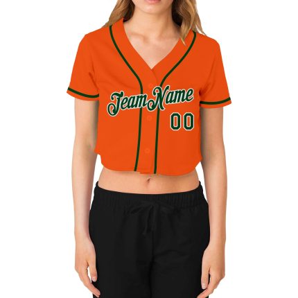 Custom Womens Orange Green White V-Neck Cropped Jersey for Baseball Custom Women's Orange Green-White V-Neck Cropped Baseball