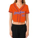 Womens Custom Orange Purple White V-Neck Cropped Baseball Jersey Custom Women's Orange Purple-White V-Neck Cropped Baseball